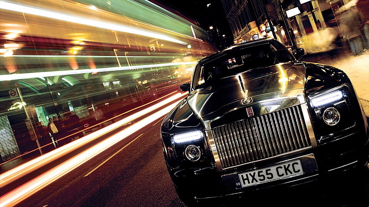 black vehicle, Rolls-Royce, car, motion blur, light trails, long exposure, HD wallpaper