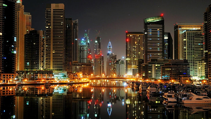 high rise buildings, cityscape, lights, reflection, Dubai, building exterior