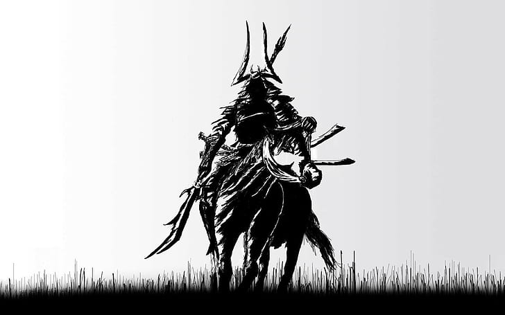 Samurai riding horse illustration, field, sky, land, plant, animal, HD wallpaper