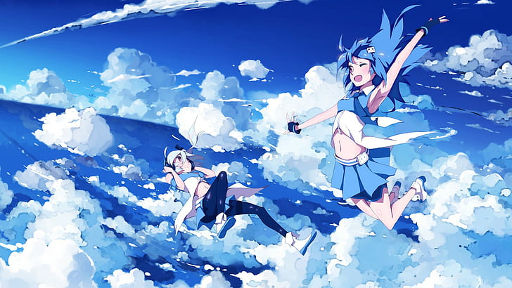 falling, windy, clouds, headphones, anime girls, skydiving