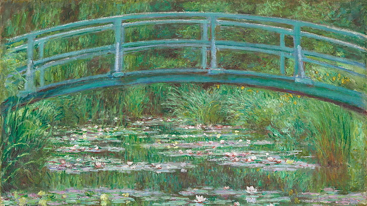 green footed bridge over lily pads painting, artwork, Claude Monet