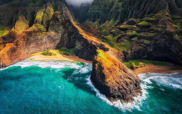 green and brown mountain and sea, landscape, nature, Kauai, Hawaii