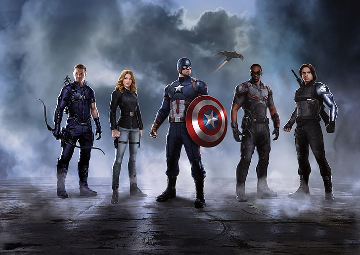 Captain America, Scarlett Johansson, heroes, shield, Falcon, Black Widow