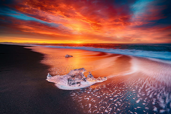 Iceland, Beach, Sea, Sunset, Water, Sky, Fire