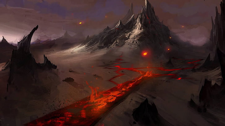 volcano with lava painting, mountains, fantasy art, dark fantasy