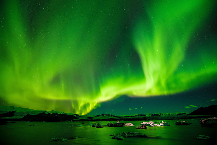 green aurora boreallis, radiance, sky, stars, aurora Borealis