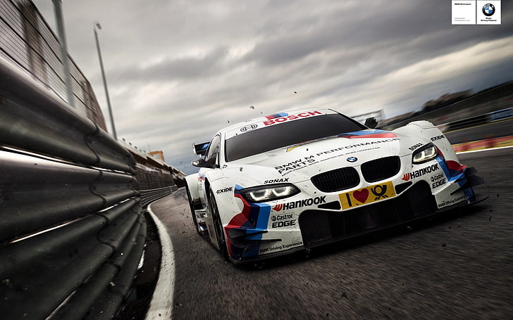 white BMW sports car, asphalt, race car, dtm, racing, hankook