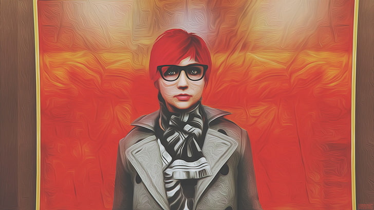 women, women with glasses, overcoats, short hair, scarf, redhead