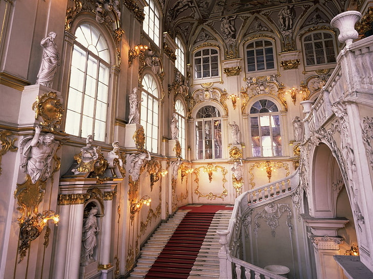 St. Petersburg, Hermitage, museum, interior, statue, stairs, HD wallpaper