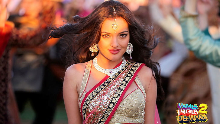 Kristina Akheeva In Saree, women's gold-and-red sari dress, Bollywood Celebrities