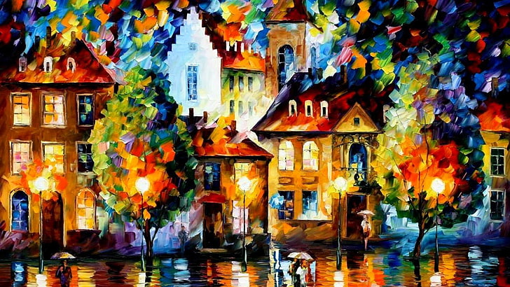 buildings canvas painting, trees, landscape, the city, people