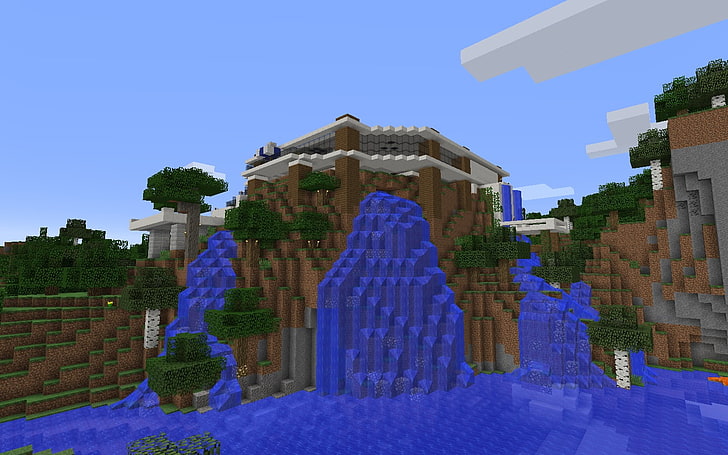 Minecraft video game, video games, waterfall, architecture, sky