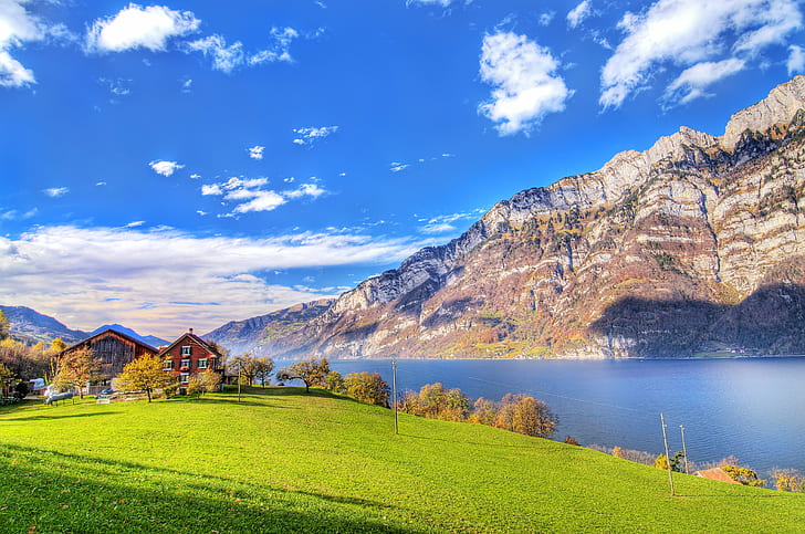 brown painted house with green grass field near calm body of water with mountain as background under the blue sky, HD wallpaper