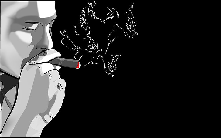 person smoking cigarette artwork digital wallpaper, black background