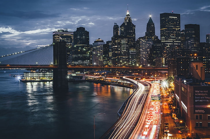 Brooklyn Bridge, USA, city, New York City, night, lights, built structure, HD wallpaper