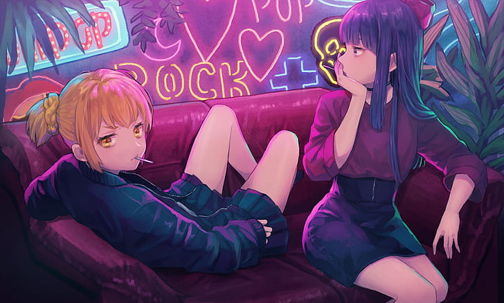 Poputepipikku, anime girls, Pipimi, Popuko, couch, heart, blonde, HD wallpaper