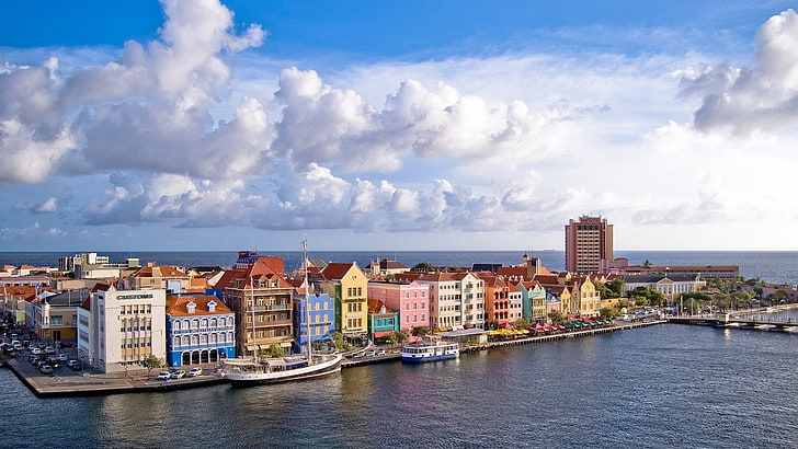 concrete buildings near body of water, architecture, Curacao