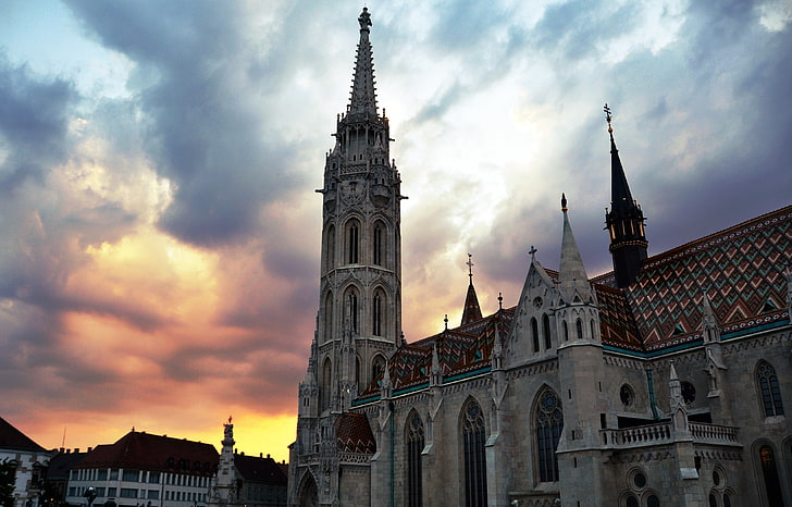 architecture, old building, Budapest, Hungary, sunset, clouds, HD wallpaper
