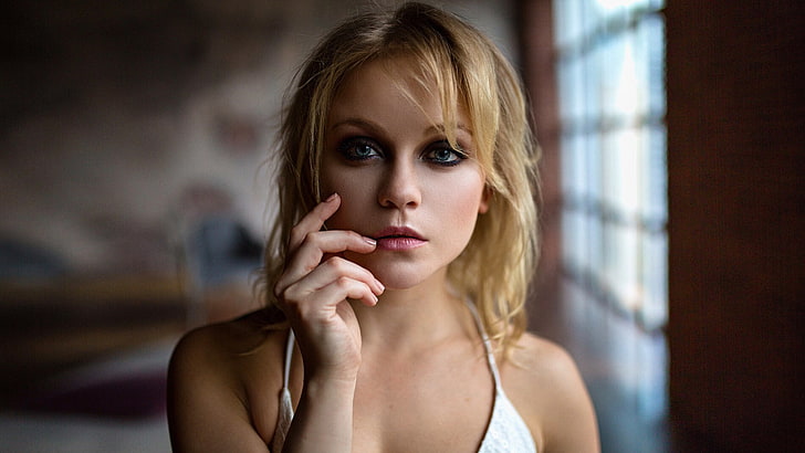 women, blonde, face, portrait, blue eyes, pink lipstick, Olya Pushkina, HD wallpaper