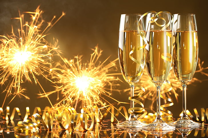 three clear champagne flutes beside ribbon next to sparkler photography, HD wallpaper