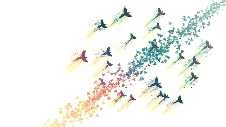 multicolored birds on white background, flying, triangle, digital art