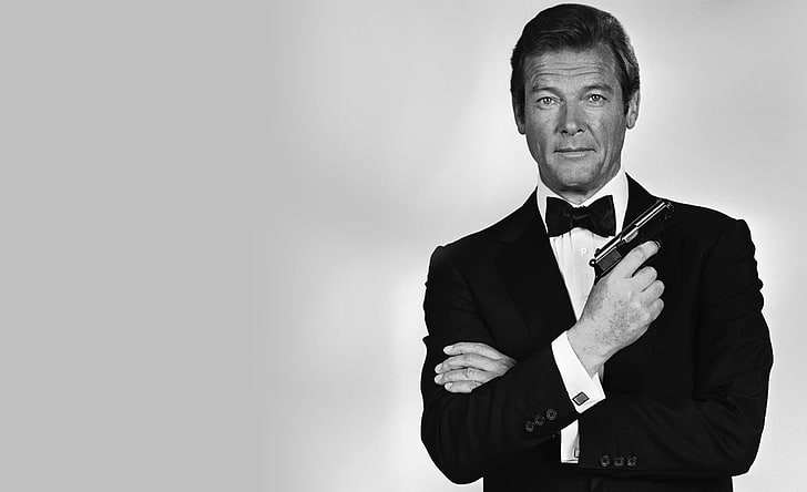 James Bond, Roger Moore, monochrome, movies, tuxedo, one person