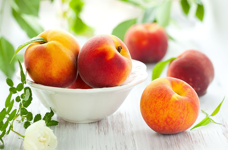 peach fruits, leaves, background, Wallpaper, food, peaches, widescreen, HD wallpaper