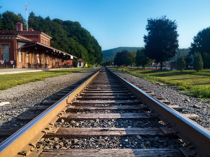 grey train rails, railway crossing, steam locomotive, photography, HD wallpaper