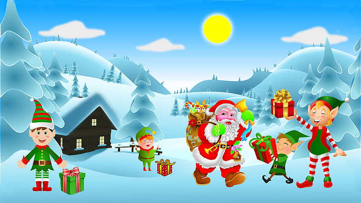 Merry Christmas Winter Snow Cheerful Kids With Christmas Gifts From Santa Claus Clip Art New Year Wallpaper Hd For Desktop Mobile Phones Tablet And Tv 3840×2160