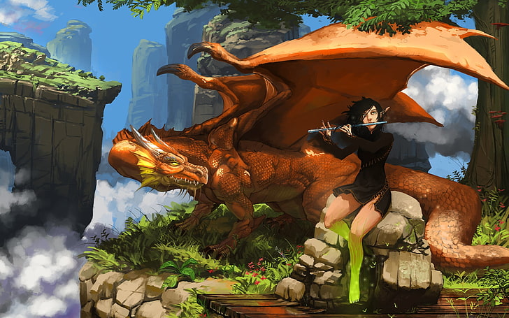 woman playing flute beside orange dragon animated poster, fantasy art