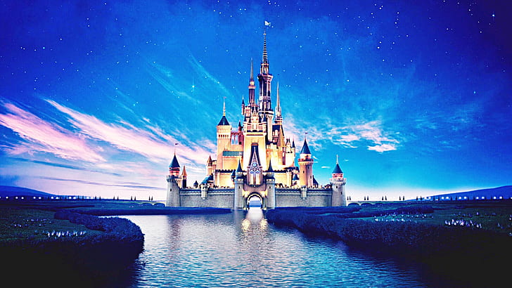 Disneyland castle, beautiful night view, river