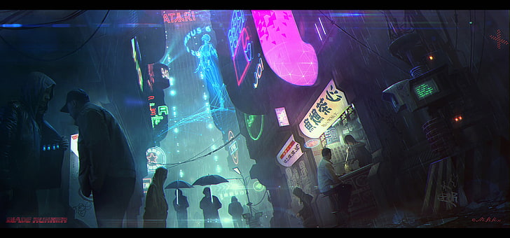 man on store wallpaper, cyber, cyberpunk, science fiction, fantasy art