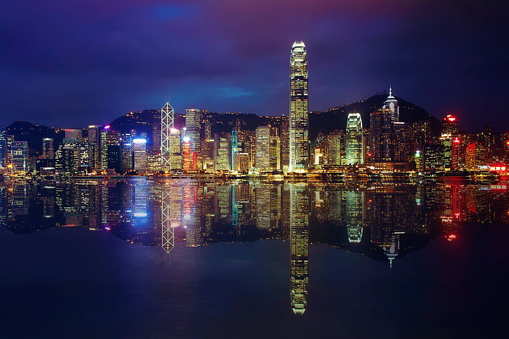 Hong Kong City night, lighted city photo, reflections, Buildings, HD wallpaper
