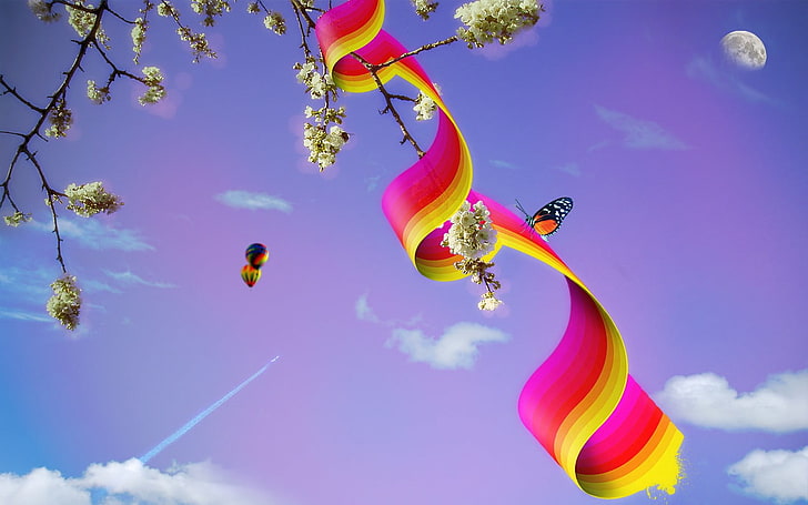pink and yellow plastic toy, Moon, trees, hot air balloons, sky
