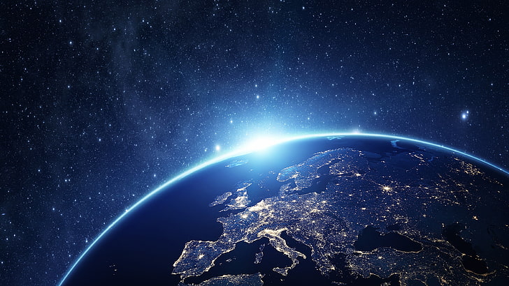 planet earth, city lights, space, stars, Europe, space art, CGI