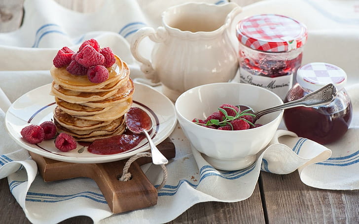 Pancakes with raspberries, strawberry fruits, photography, 1920x1200, HD wallpaper