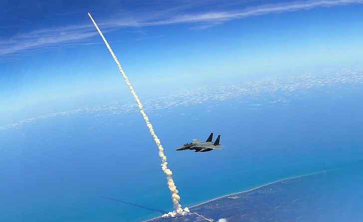 Space Shuttle Atlantis, gray fighter jet, vapor trail, blue, flying