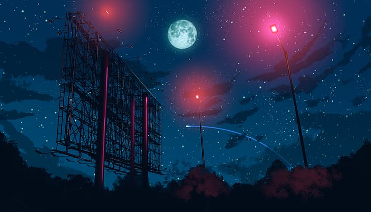 anime, Moon, street light, night sky, stars, digital art, artwork
