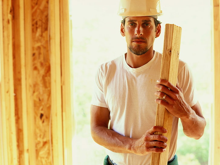 men's white crew-neck t-shirt, builder, board, helmet, man, construction Industry