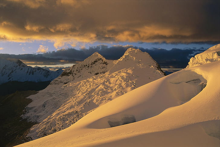 mountains, snow, sunrise, snowy peak, nature, HD wallpaper