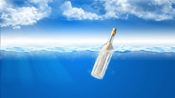 Message In A Bottle, letter, floating, ocean, blue, clouds, 3d and abstract, HD wallpaper