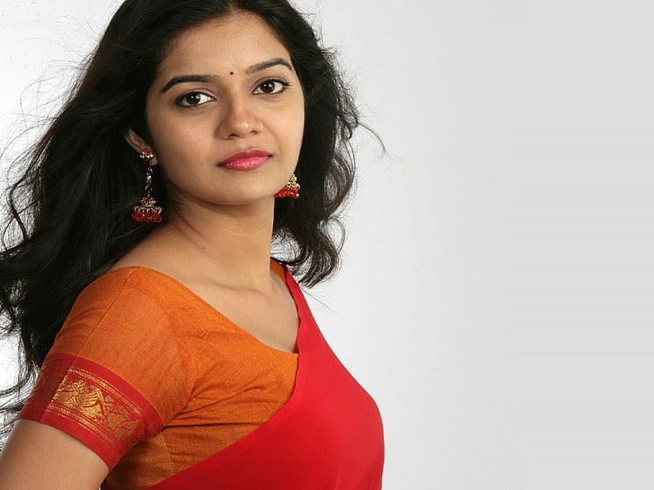 Colors Swathi in Red Saree, portrait, looking at camera, one person