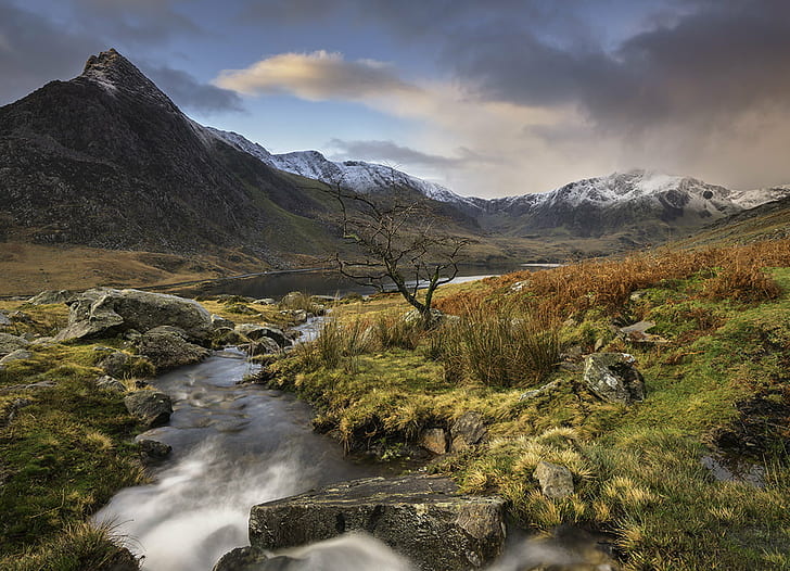 time lapse photograph of grass beside body of water, snowdonia, snowdonia