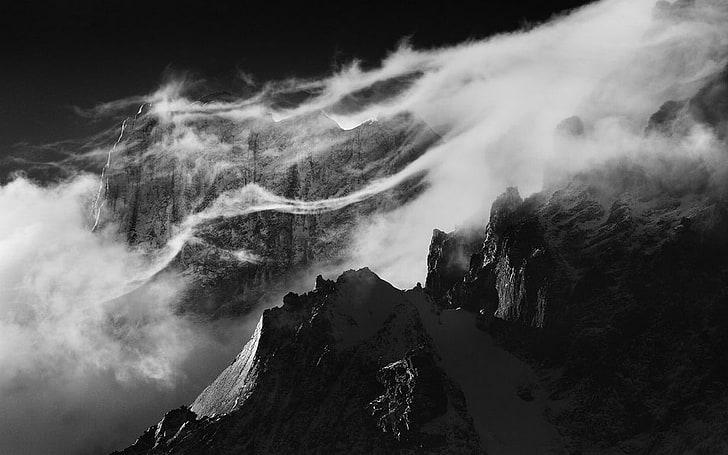 grayscale photo of a man, nature, landscape, mountains, monochrome