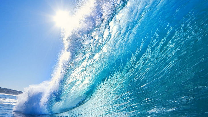 wave, water, sea, sun, nature, sunlight, blue water, ocean, HD wallpaper