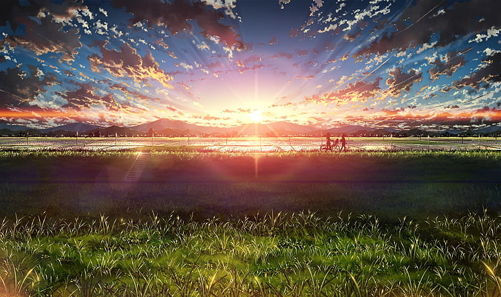 anime, anime girls, artwork, landscape, sunset, clouds, sky, HD wallpaper