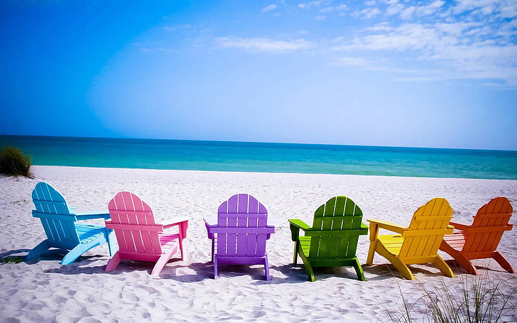 six assorted-color Adirondack chairs, chaise longue, beach, sea, HD wallpaper