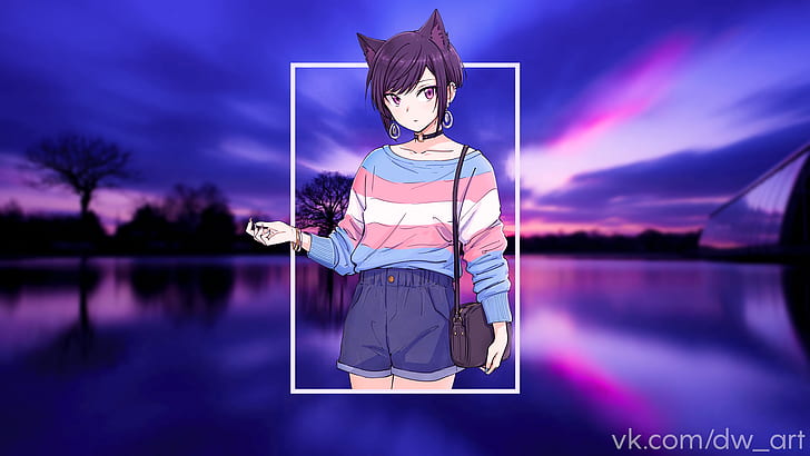 anime, picture-in-picture, purple eyes, animal ears, transgender