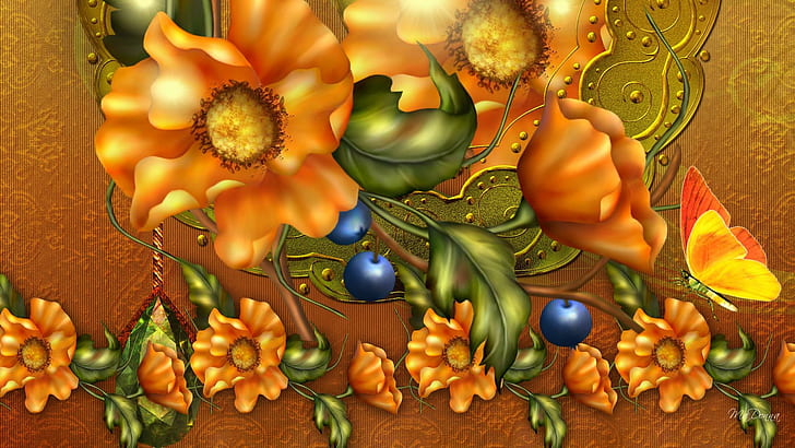Orange Poppy Glow, brown petaled flower, green leaf and blue round fruits graphic art