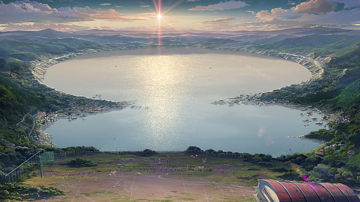Anime, Your Name., Cloud, Crater, Kimi No Na Wa., Lake, Mountain, HD wallpaper